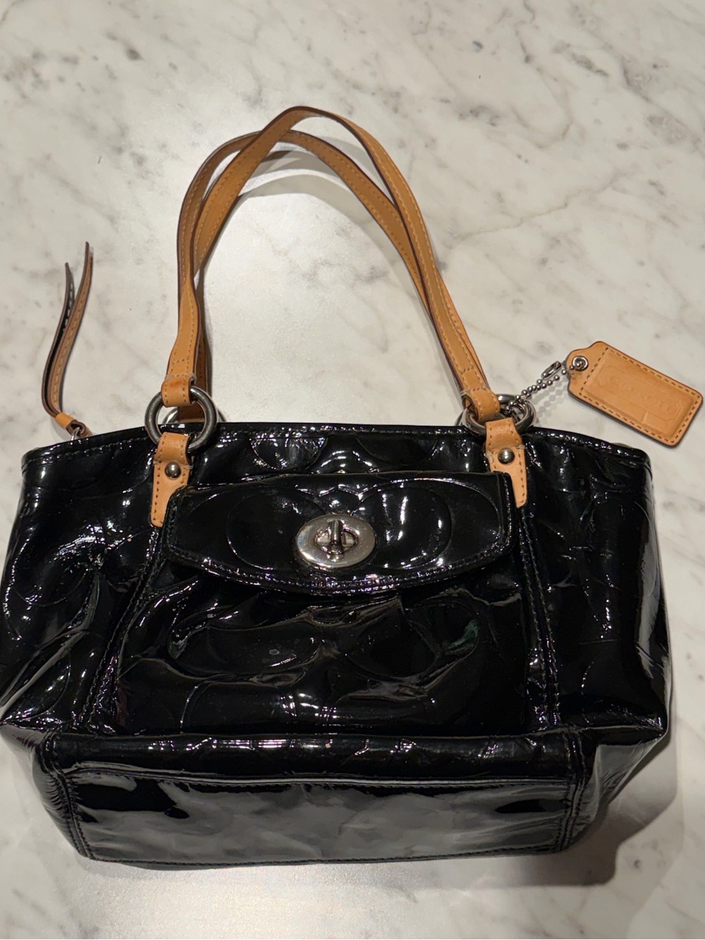 Coach Black Patent Leather Shoulder Tote with Tan Handles